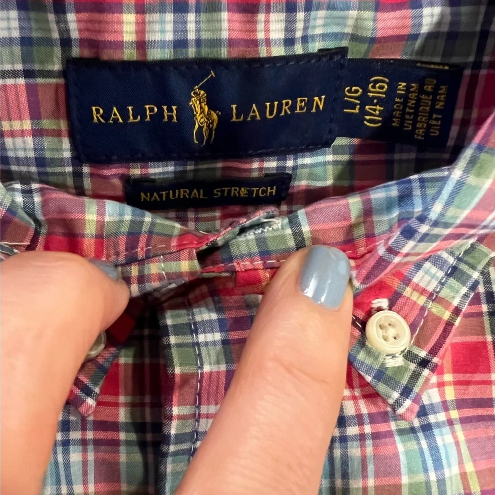 Ralph Lauren Poplin Boy’s Pink and Blue Plaid Button-Down Shirt size large 14-16